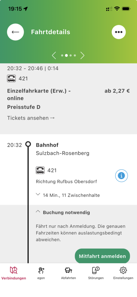 Screenshot der VGN-App in der Biednsituation "Fahrtdetails"