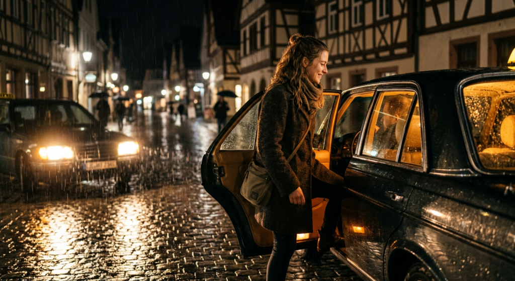 Ein warmes, intimes Foto, aufgenommen nachts im Regen direkt vor einer offenen Taxitür; im Fokus die Hand eines freundlichen Fahrers, der einem Fahrgast beim Einsteigen hilft; KI-generierrt mit Genini 3.1 (Nanobanana 2)